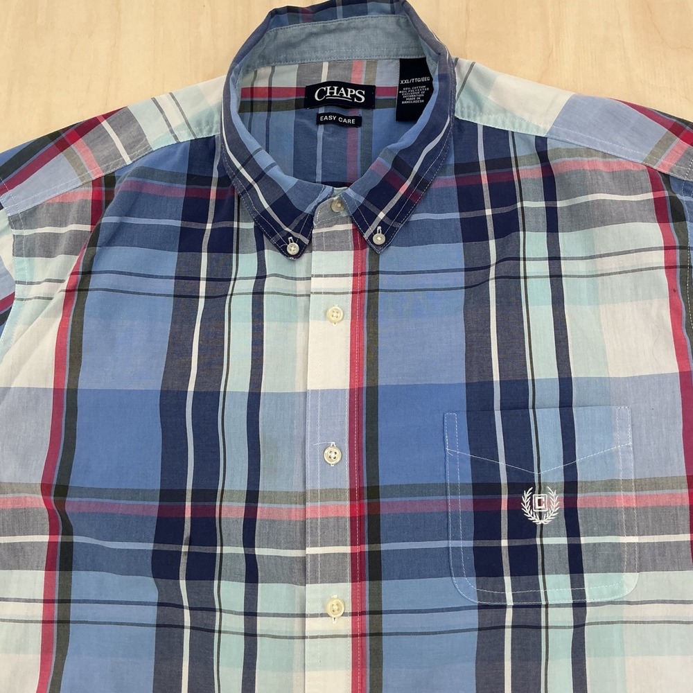Chaps Button Down Shirt Mens XXL Blue Pink Plaid Short Sleeve Easy Care Preppy
